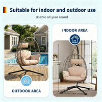 Garvee Beige Rattan Hanging Egg Chair with Stand 130 kg Capacity Comfortable Cushions and Dust Cover for Garden and Balcony