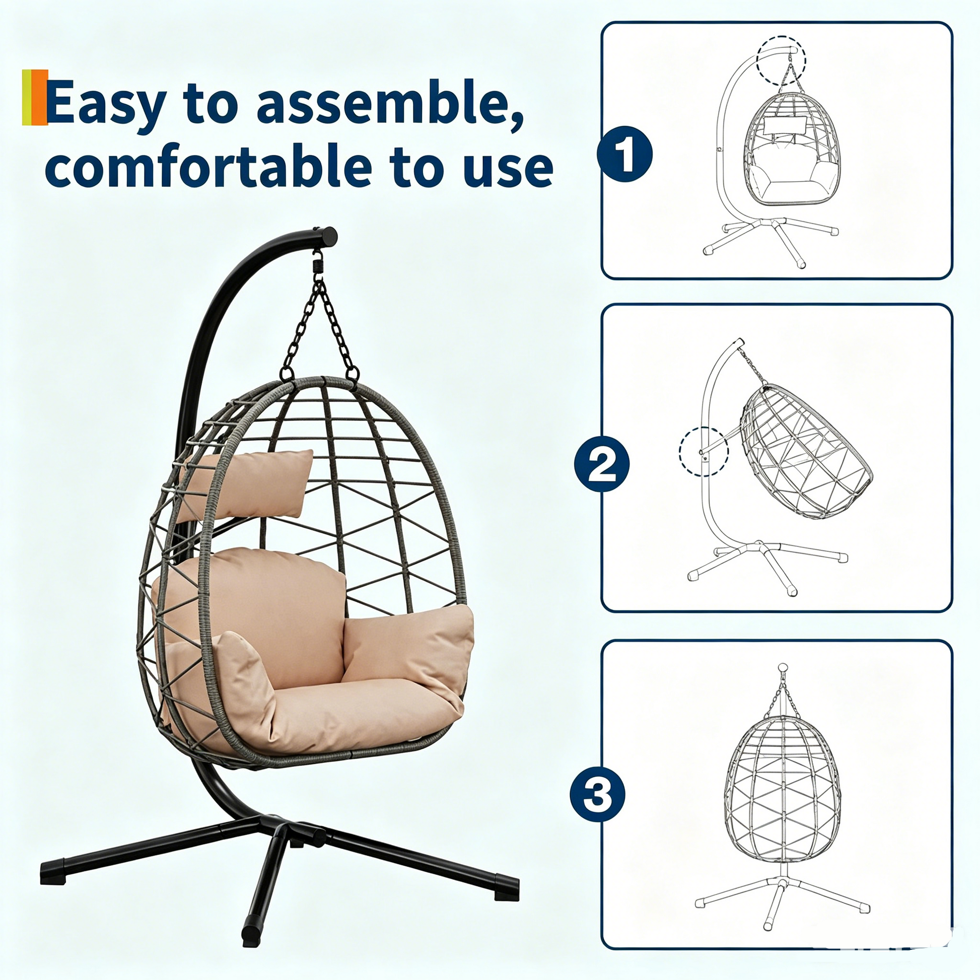 Garvee Beige Rattan Hanging Egg Chair with Stand 130 kg Capacity Comfortable Cushions and Dust Cover for Garden and Balcony