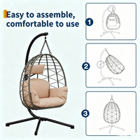 Garvee Beige Rattan Hanging Egg Chair with Stand 130 kg Capacity Comfortable Cushions and Dust Cover for Garden and Balcony