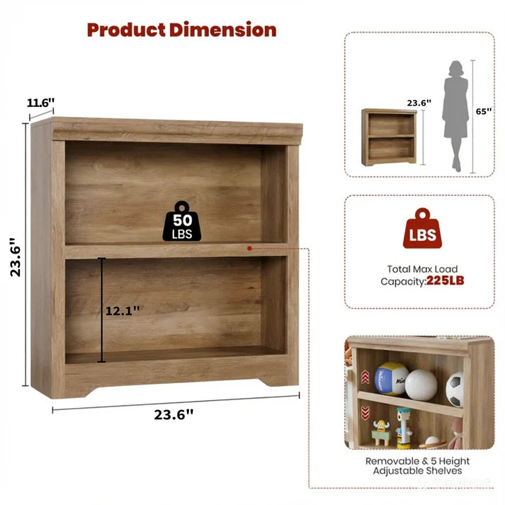 Garvee Rustic Brown Wooden Bookcase 2 Tier Open Shelf Display Cabinet 60 x 29.5 x 80 cm