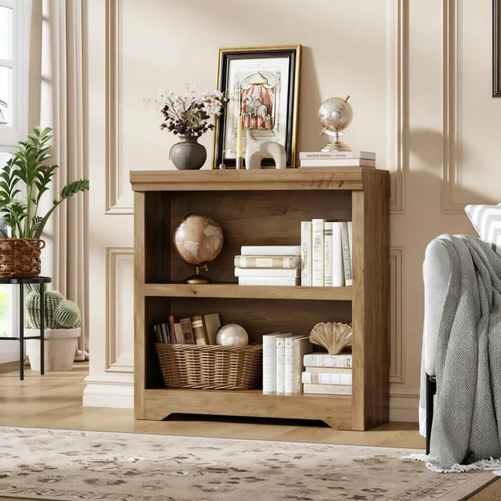Garvee Rustic Brown Wooden Bookcase 2 Tier Open Shelf Display Cabinet 60 x 29.5 x 80 cm