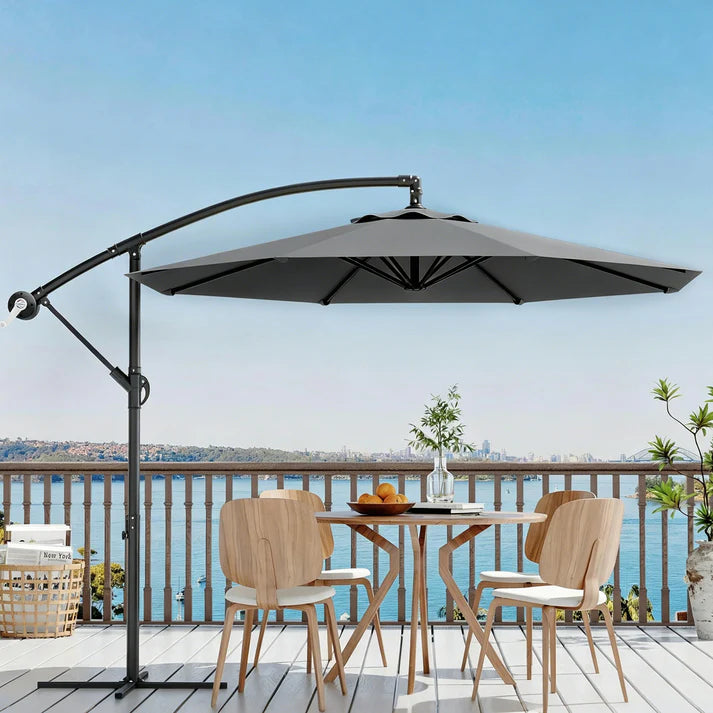 Garvee Diameter 300 cm Grey Aluminium 360 Degree Rotating Cantilever Parasol with Crank Adjustable Tilt Cross Base and UV50 Protection for Garden Patio
