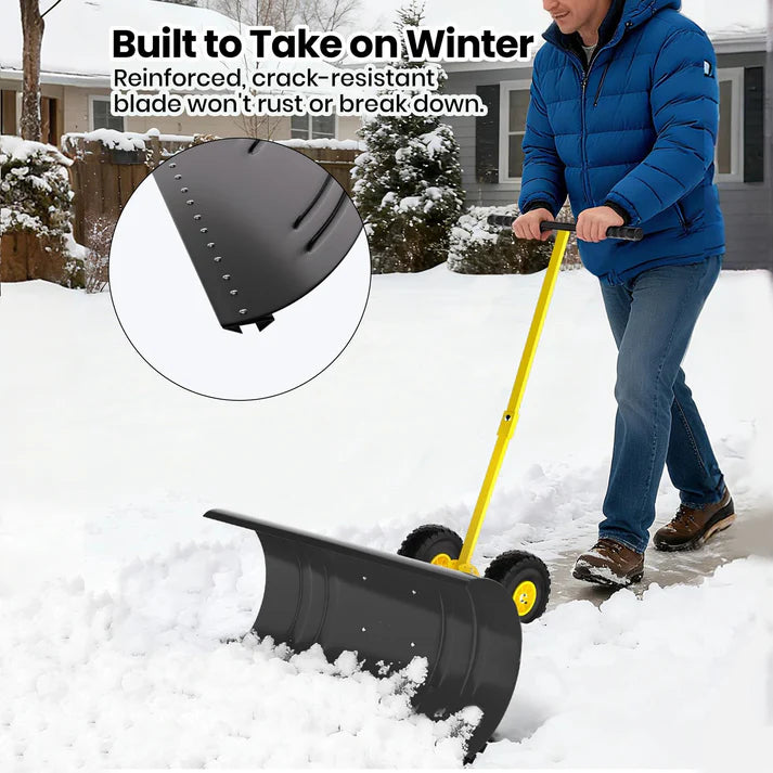 Garvee 29 Inch Bi-Directional Snow Pusher with Wheels Angled Blade Rolling Snow Plough with Adjustable Handle for Driveway and Garden Path