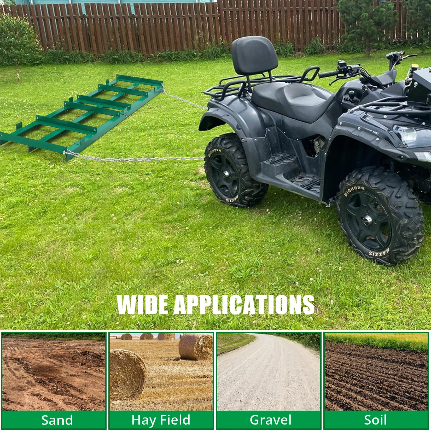 Garvee Drag Harrow Driveway Grader 183cm Heavy Duty Chain Tow-Behind Lawn Rake for ATV, UTV, Tractor, Mower – Green