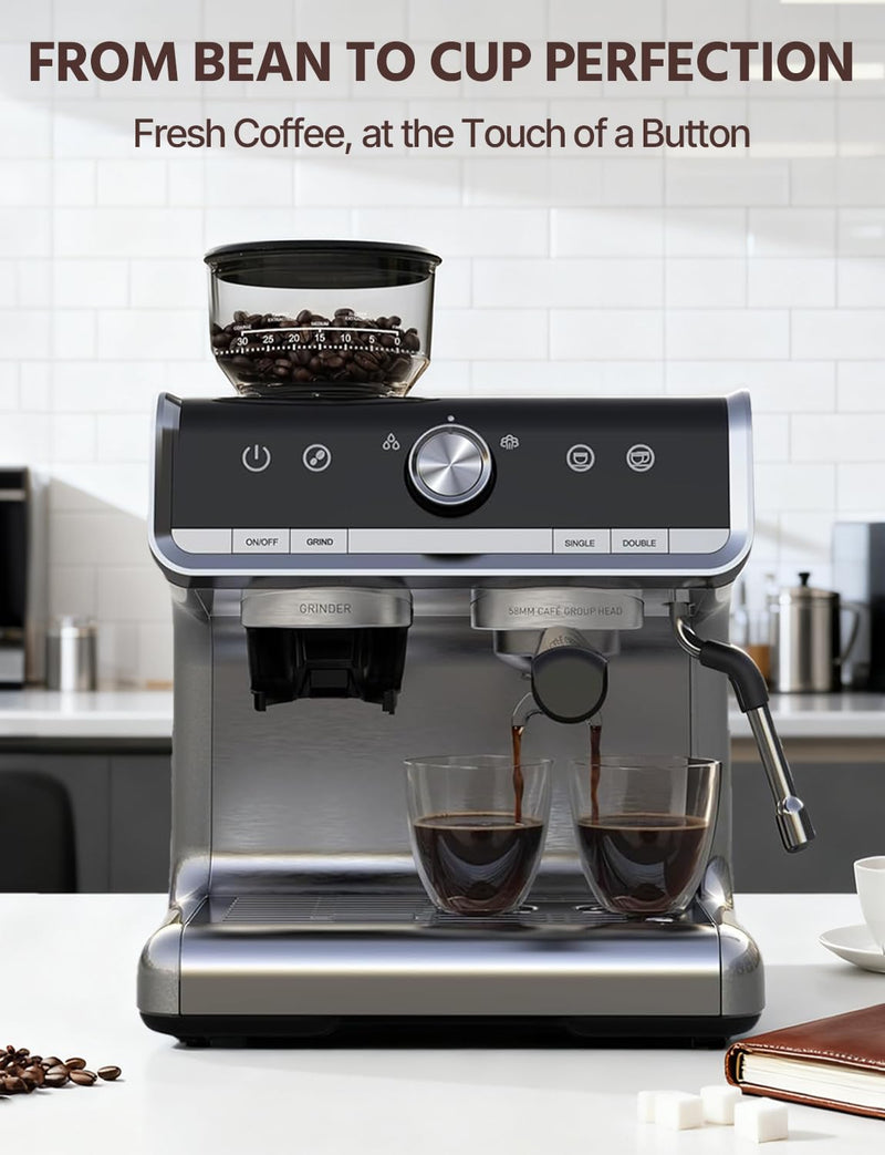 Garvee Bean-to-Cup Espresso Coffee Machine Set – Integrated Conical Burr Grinder – 20 Bar Pressure – Quick Heating – Programmable One-Touch – Milk Frother Wand – 2.8L Water Tank – Stainless Steel, 1350W, for Latte & Cappuccino, UK Silver Electroplating
