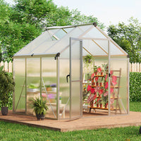 Garvee 6x8 FT Walk-In Greenhouse Aluminium Frame Polycarbonate Garden Green House with Base Sliding Door and Roof Vent Silver