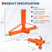 Garvee Orange 3-Point Hitch Receiver Category 1 Heavy-Duty Tractor Attachment with 5 cm Trailer Hitch Receiver for Compact and Sub-Compact Tractors