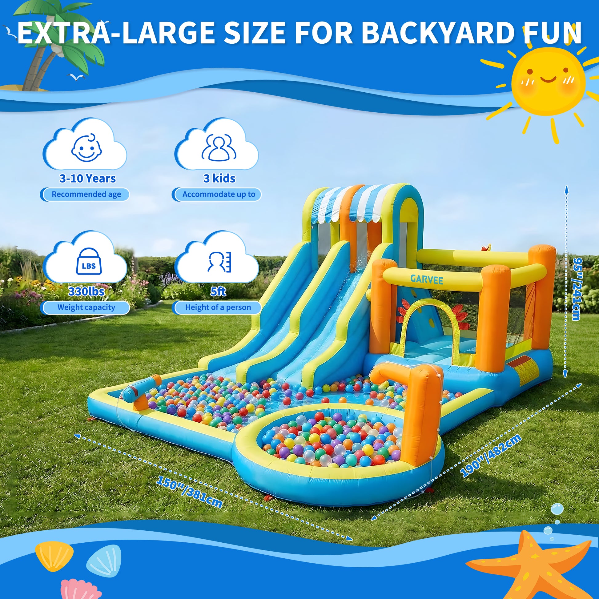 Garvee 9 in 1 Inflatable Water Slide Park for Backyard Dual Racing Slides Climbing Wall Trampoline Splash Pool 483x381x242 cm