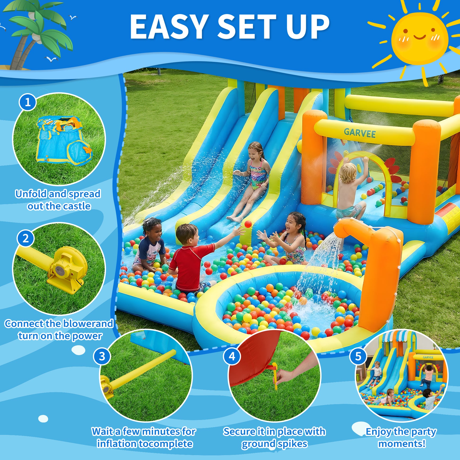 Garvee 9 in 1 Inflatable Water Slide Park for Backyard Dual Racing Slides Climbing Wall Trampoline Splash Pool 483x381x242 cm