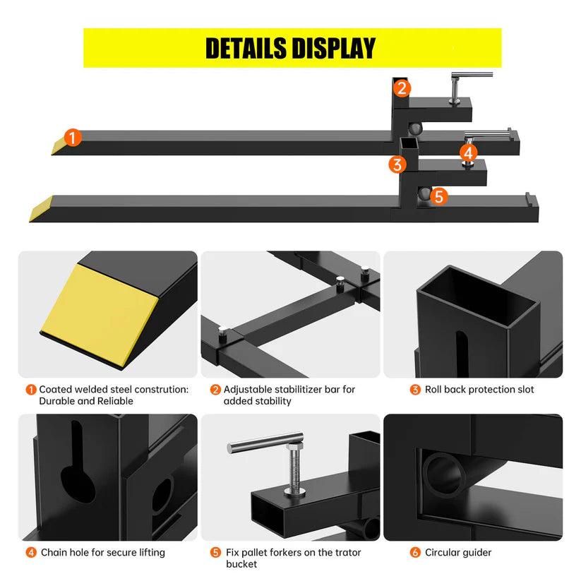 Garvee 109 cm Heavy Duty Clamp On Pallet Forks 680 kg Capacity with Adjustable Stabiliser Bar for Tractor Loader Bucket Skid Steer