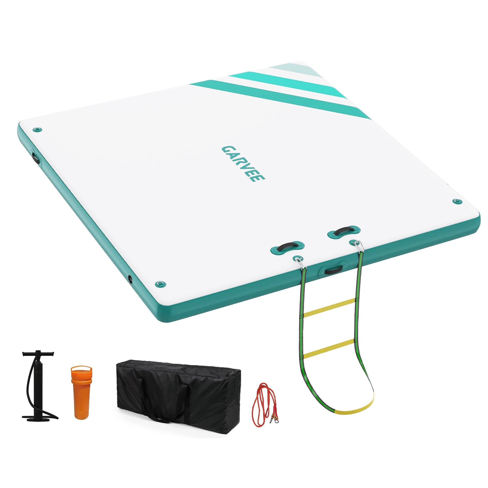 Garvee Green 300 x 180 cm Inflatable Floating Dock , Heavy-Duty Swim Platform with Non-Slip EVA Pad, Portable Lake Float with Hand Pump and Ladder, Large Capacity Water Island for Pool and Beach