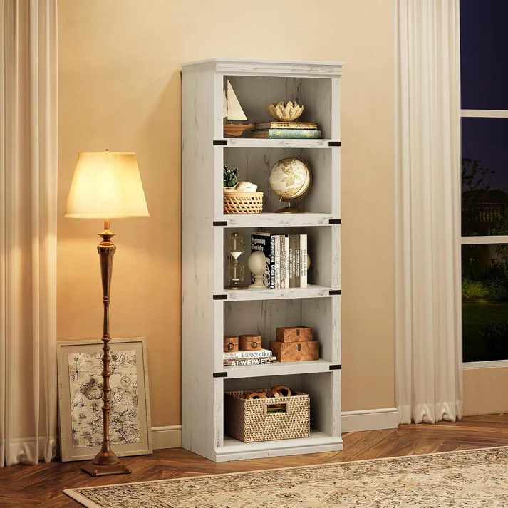 Garvee 5-Tier Farmhouse Bookcase Tall Industrial Bookshelf with Metal Frame and X-Design Support Open Storage Display Shelves for Home Office Living Room White