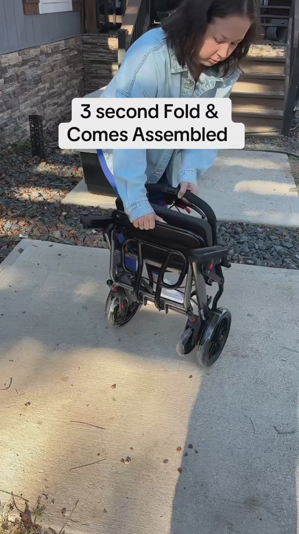 Garvee Ultra Lightweight Folding Transport Wheelchair 41 cm (16.2 in) Seat Width with Aviation Aluminium Frame Locking Handbrakes and Flip Up Armrests for Seniors and Adults
