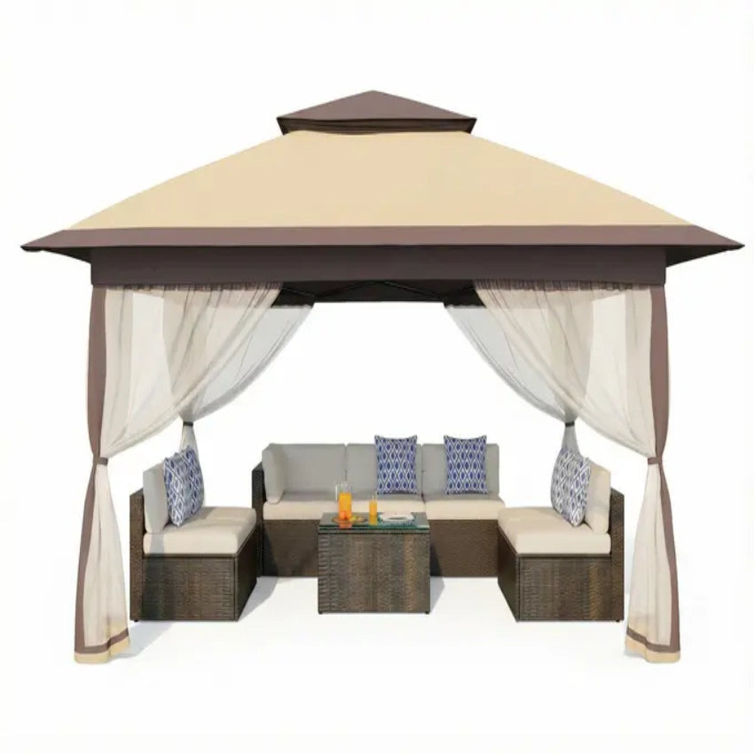 Garvee 3x3 m Khaki Pop Up Foldable Garden Gazebo Canopy 2.65 m Height with Rain Gutter and Waterproof 300D Oxford Fabric for Outdoor Events 50+ UV Resistance