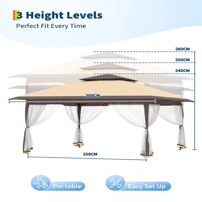 Garvee 3x3 m Khaki Pop Up Foldable Garden Gazebo Canopy 2.65 m Height with Rain Gutter and Waterproof 300D Oxford Fabric for Outdoor Events 50+ UV Resistance