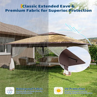 Garvee 3x3 m Khaki Pop Up Foldable Garden Gazebo Canopy 2.65 m Height with Rain Gutter and Waterproof 300D Oxford Fabric for Outdoor Events 50+ UV Resistance