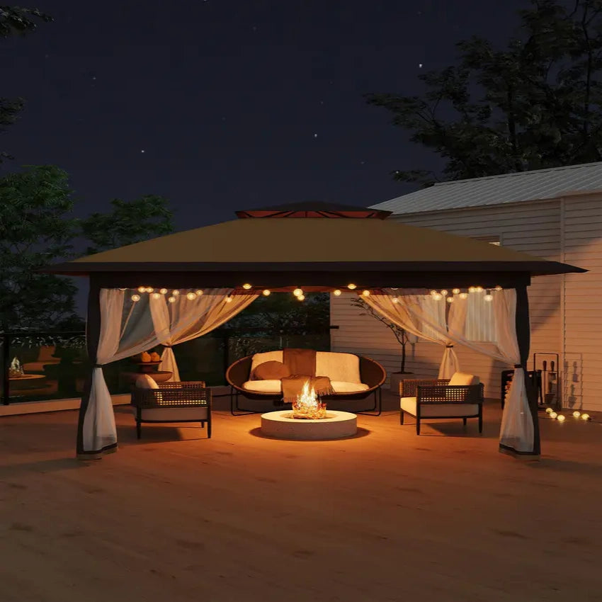 Garvee 3x3 m Khaki Pop Up Foldable Garden Gazebo Canopy 2.65 m Height with Rain Gutter and Waterproof 300D Oxford Fabric for Outdoor Events 50+ UV Resistance