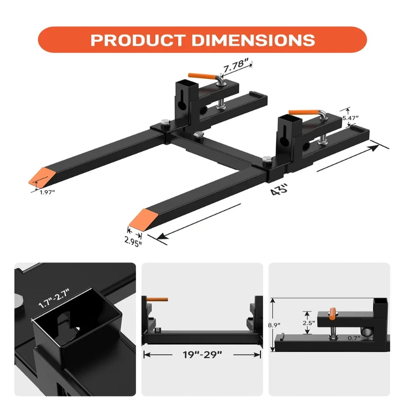 Garvee 109cm Clamp-On Pallet Forks 907 kg – Heavy Duty Tractor Front Loader Attachment with Adjustable Stabiliser Bar – Quick Attach for Skid Steers