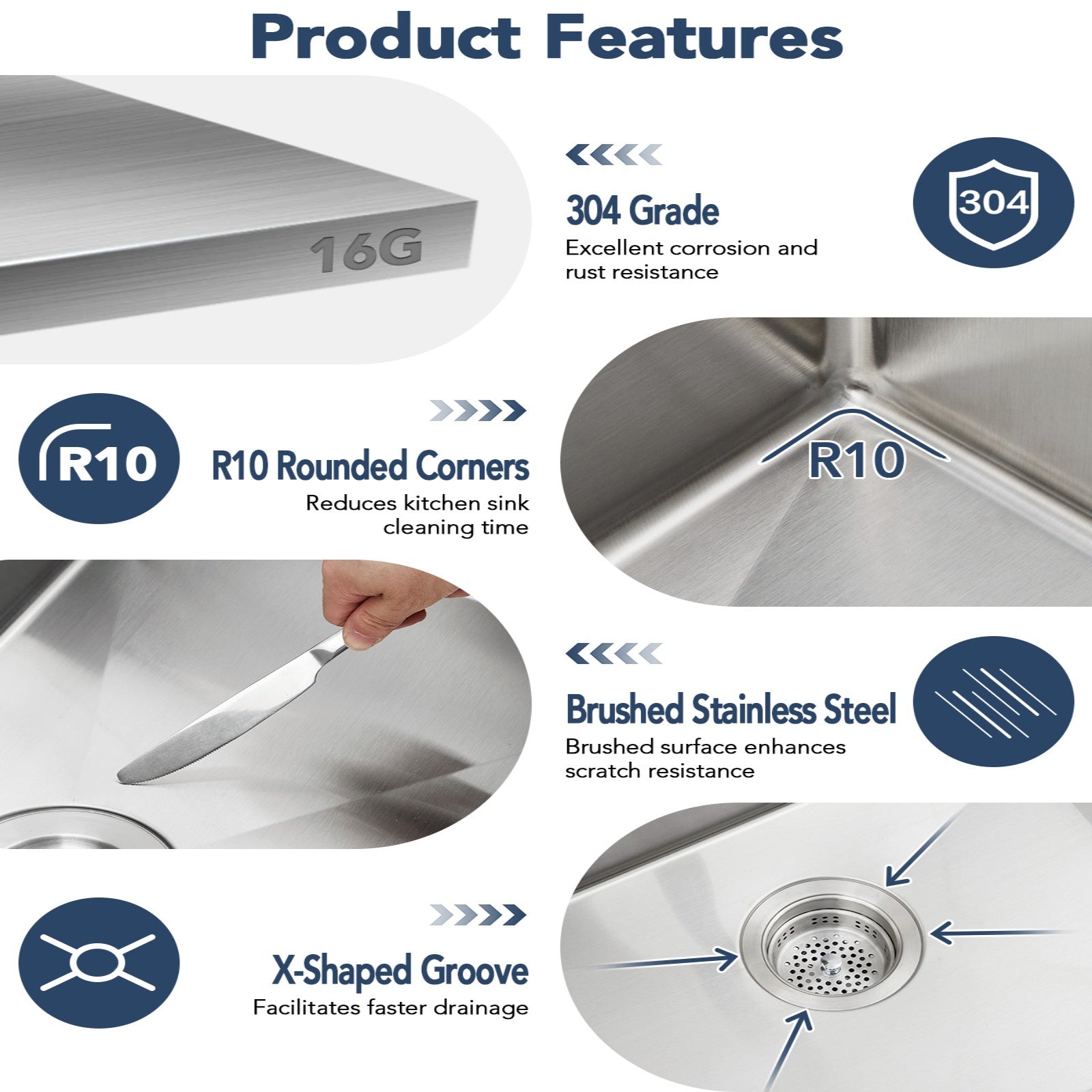 Garvee 71×56 cm Drop-In Top Mount Kitchen Sink, Single Bowl, 16 Gauge 304 Stainless Steel, Deep Basin, Silver