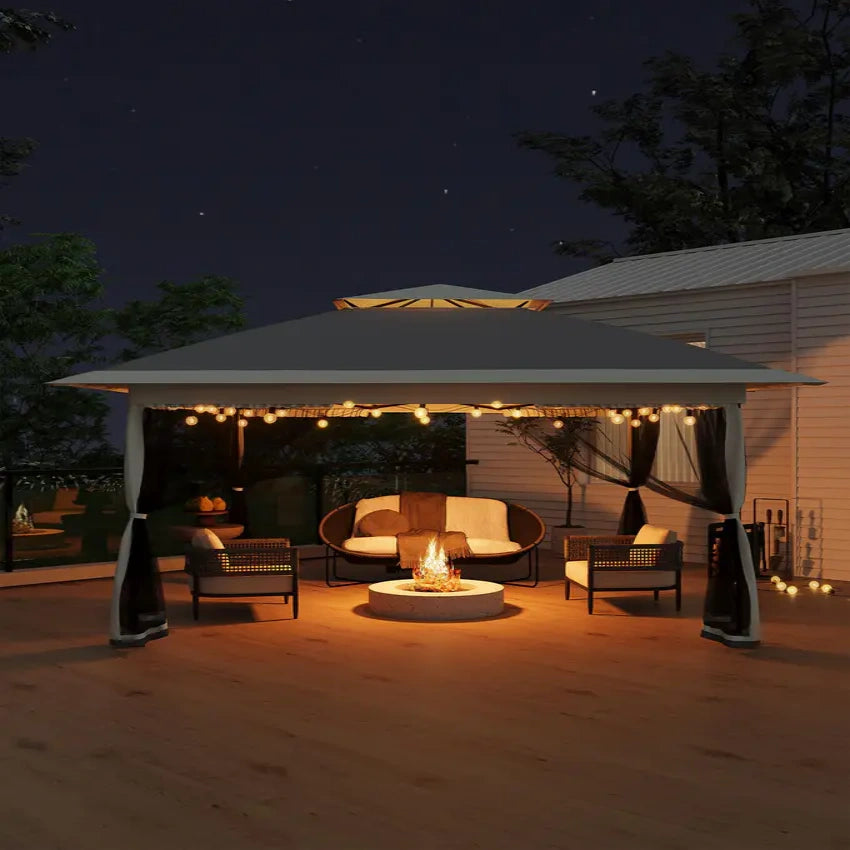 Garvee 3x3 m Grey Pop Up Foldable Garden Gazebo Canopy 2.65 m Height with Rain Gutter and Waterproof 300D Oxford Fabric for Outdoor Events 50+ UV Resistance