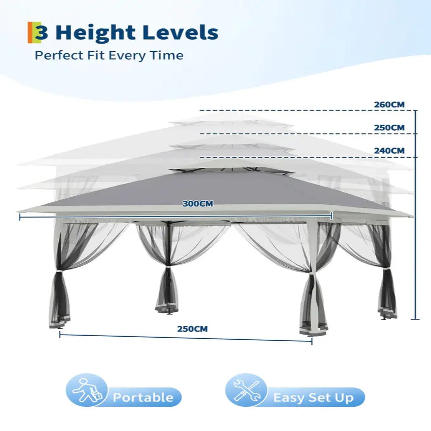 Garvee 3x3 m Grey Pop Up Foldable Garden Gazebo Canopy 2.65 m Height with Rain Gutter and Waterproof 300D Oxford Fabric for Outdoor Events 50+ UV Resistance
