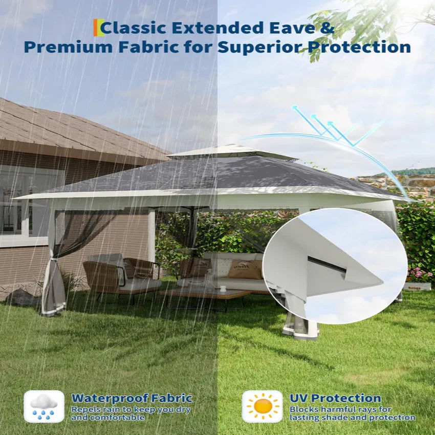 Garvee 3x3 m Grey Pop Up Foldable Garden Gazebo Canopy 2.65 m Height with Rain Gutter and Waterproof 300D Oxford Fabric for Outdoor Events 50+ UV Resistance