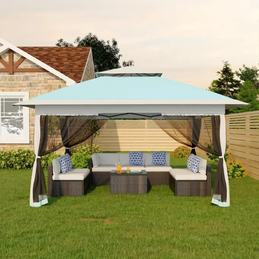 Garvee 3x3 m Sky Blue Pop Up Foldable Garden Gazebo Canopy 2.65 m Height with Rain Gutter and Waterproof 300D Oxford Fabric for Outdoor Events 50+ UV Resistance