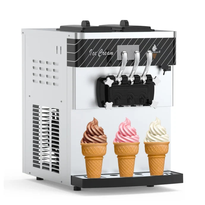 Garvee Commercial Soft Serve Ice Cream Machine Silver 3 Flavours 54 x 83.5 x 83 cm Countertop Pre Cooling 304 Steel