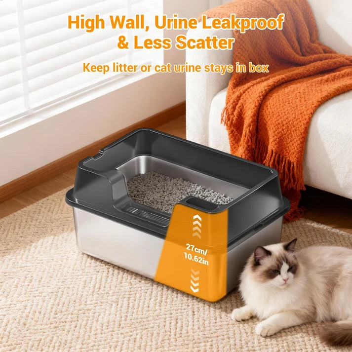 Garvee Stainless Steel Cat Litter Box Transparent Black 50 x 35 x 22 cm Open Top High Sided Litter Tray with Scoop