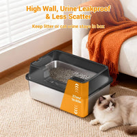 Garvee Stainless Steel Cat Litter Box Transparent Black 50 x 35 x 22 cm Open Top High Sided Litter Tray with Scoop