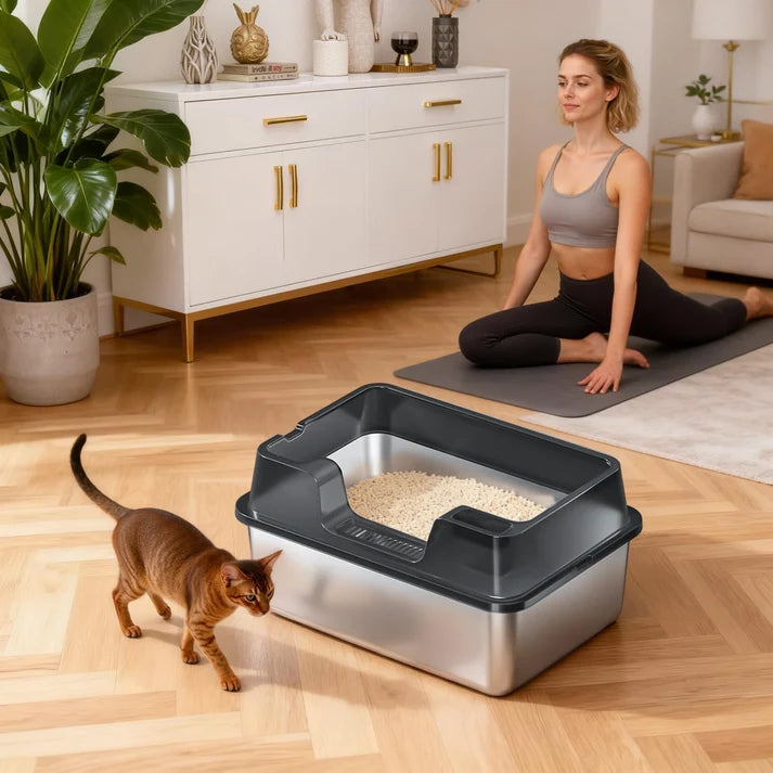 Garvee Stainless Steel Cat Litter Box Transparent Black 50 x 35 x 22 cm Open Top High Sided Litter Tray with Scoop