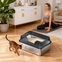 Garvee Stainless Steel Cat Litter Box Transparent Black 50 x 35 x 22 cm Open Top High Sided Litter Tray with Scoop