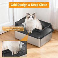 Garvee Stainless Steel Cat Litter Box Transparent Black 50 x 35 x 22 cm Open Top High Sided Litter Tray with Scoop