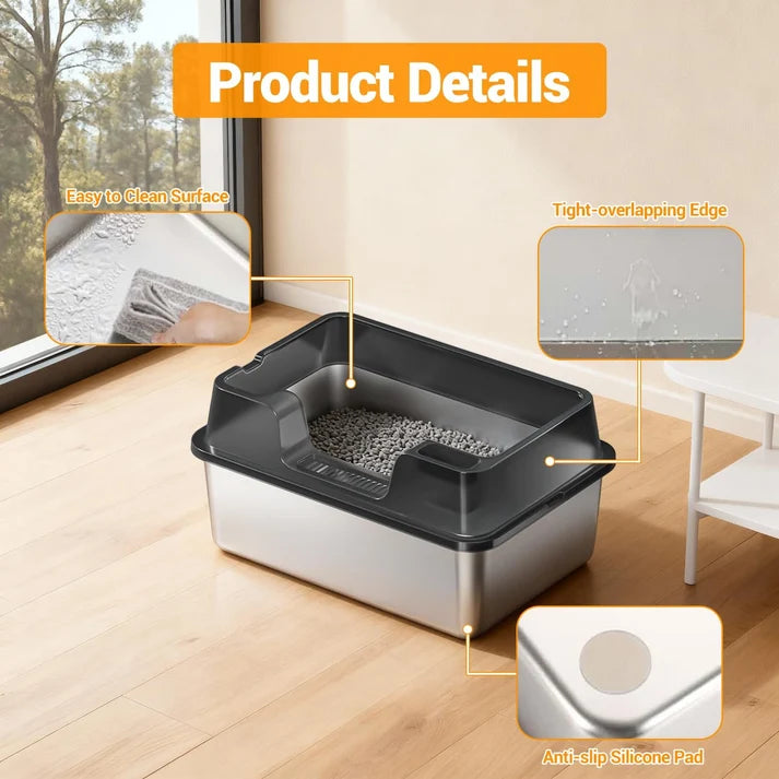 Garvee Stainless Steel Cat Litter Box Transparent Black 50 x 35 x 22 cm Open Top High Sided Litter Tray with Scoop