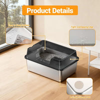 Garvee Stainless Steel Cat Litter Box Transparent Black 50 x 35 x 22 cm Open Top High Sided Litter Tray with Scoop