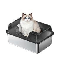 Garvee Stainless Steel Cat Litter Box Transparent Black 50 x 35 x 22 cm Open Top High Sided Litter Tray with Scoop