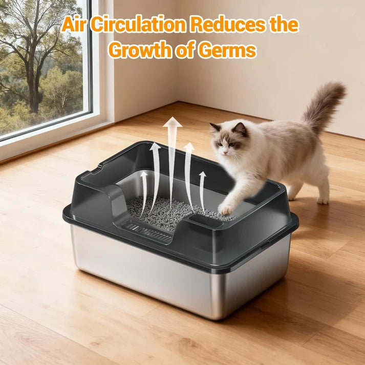 Garvee Stainless Steel Cat Litter Box Transparent Black 50 x 35 x 22 cm Open Top High Sided Litter Tray with Scoop